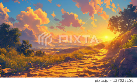 朝の日差しが眩しい石畳の道の風景、アニメ風 朝の日差しが眩しい石畳の道の風景、アニメ風 127025156