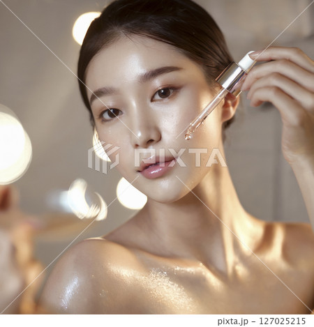 Woman is applying makeup to her face 127025215