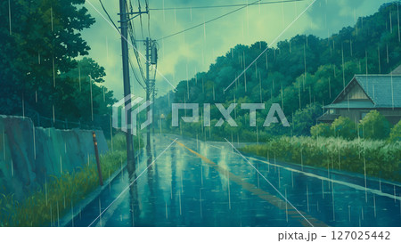 雨の地方のアスファルトの道の風景、アニメ風 雨の地方のアスファルトの道の風景、アニメ風 127025442