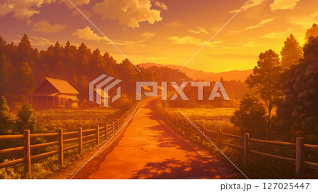 夕焼けの田舎のアスファルトの道の風景、アニメ風 127025447