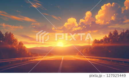 夕日とアスファルトの道の風景、アニメ風 127025449