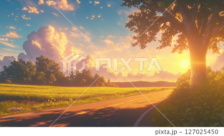 朝の日差しとアスファルトの道の風景、アニメ風 127025450