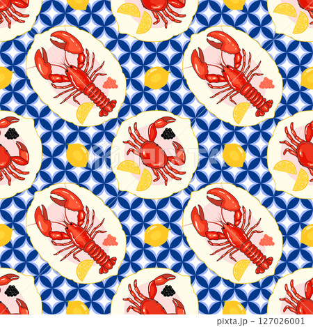A vibrant, colorful seamless pattern featuring lobsters, crabs, caviar, lemon on plates with blue geometric ornamental tile shape background, perfect for seafood-themed, kitchen decor or fabric 127026001