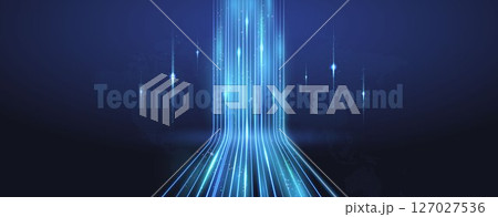 A strip of blue light, optical fiber, a high-speed line on a dark blue background. A strip of blue light, optical fiber, a high-speed line on a dark blue background. 127027536