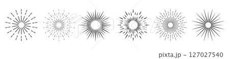 A set of six solar bursts on a white background. Suns and sun rays in vintage style. 127027540