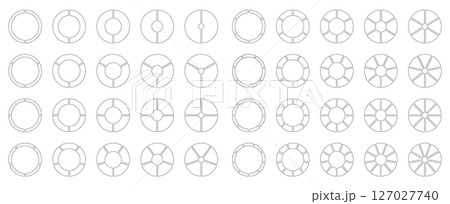 Circle division from 2 to 9 equal parts. Segmented diagrams. Coaching empty blank. Pie, pizza chart icons. Infographics set. Wheel round divided. Section graph black minimalist line art. Donut charts. 127027740