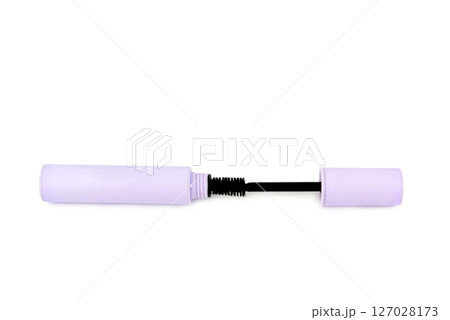 cosmetic black mascara, volume brush isolated on white cosmetic black mascara, volume brush isolated on white 127028173