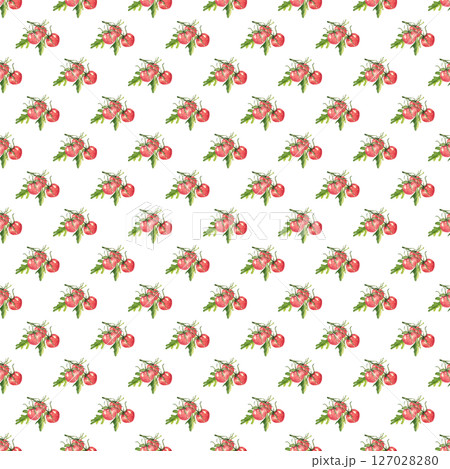 Red cherry tomatoes on a branch. Ripe harvest of a gardener. Seamless pattern for your summer kitchen or veranda design 127028280