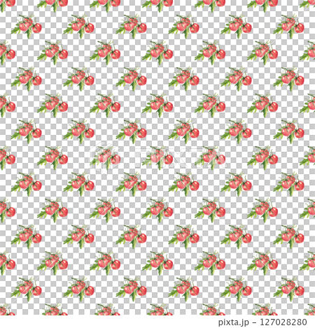 Red cherry tomatoes on a branch. Ripe harvest of a gardener. Seamless pattern for your summer kitchen or veranda design Red cherry tomatoes on a branch. Ripe harvest of a gardener. Seamless pattern for your summer kitchen or veranda design 127028280