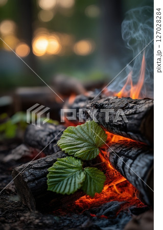 Close-up of burning logs with bright orange flames in a forest setting, with two fresh green leaves resting on the charred wood. 127028284