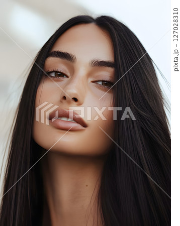 with well-groomed dark hairstyle on plain background. Woman with straight hair. Portrait for design 127028310