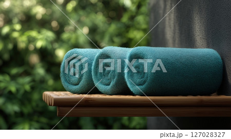 Three neatly rolled turquoise towels on a floating bamboo wooden shelf 127028327