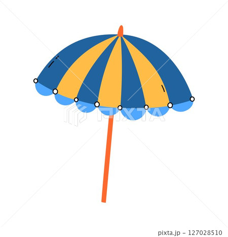 Beach umbrella isolated vector illustration. Colorful parasol with blue and yellow stripes. Summertime, beach, tropical design. Flat object with cute doodle elements 127028510