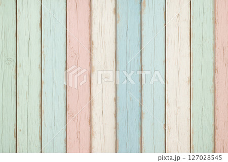 Pastel distressed wooden plank fence, weathered rustic background texture 127028545