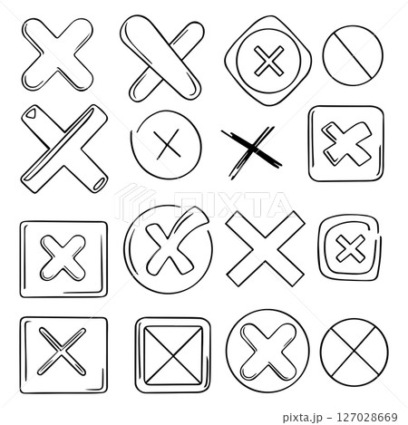 Vector set icons of abstract cross mark. Hand drawn grunge pointer. Isolated line for design. 127028669