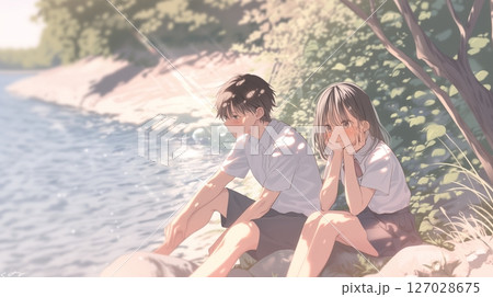川で遊ぶカップルイラスト「AI生成画像」 127028675