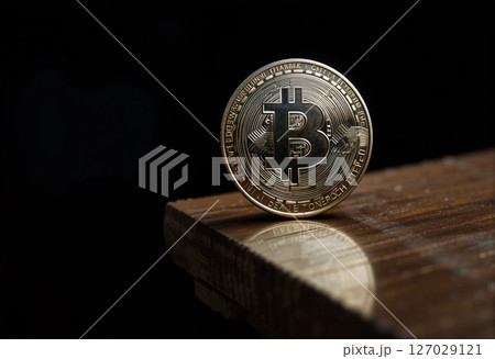 bitcoin on a wooden background 127029121
