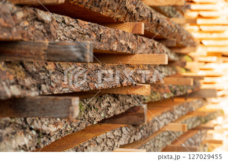 Wooden logs are neatly stacked with bark and cut edges visible, situated in a timber yard, bathed in warm sunlight Wooden logs are neatly stacked with bark and cut edges visible, situated in a timber yard, bathed in warm sunlight 127029455