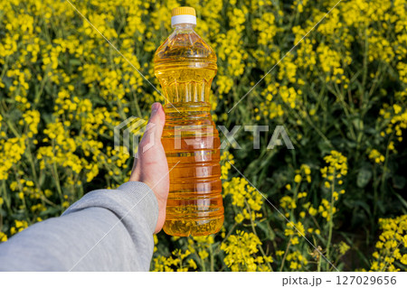 A person presents a bottle of canola oil against a backdrop of bright yellow rapeseed flowers under clear skies in a rural area A person presents a bottle of canola oil against a backdrop of bright yellow rapeseed flowers under clear skies in a rural area 127029656