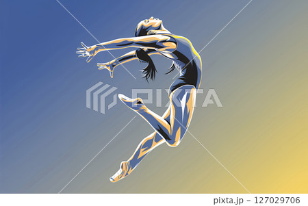 artistic illustration of a female gymnast in motion with a blue and yellow background. Minimalist, abstract, and sleek drawing style 127029706