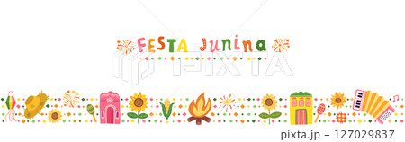 Festa Junina horizontal vector banner - Brazilian festival border, background with text and graphics - sunflower, straw hat, accordion, corn Festa Junina horizontal vector banner - Brazilian festival border, background with text and graphics - sunflower, straw hat, accordion, corn 127029837
