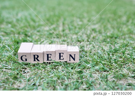 芝生上の木のブロックにGREENの文字 127030200