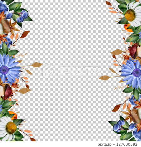 Watercolor frame with rudbeckia, chamomile, greenery, dried tree leaves, mushrooms, blueberries, sea buckthorn. illustration on white background with space for text. For cards, textiles, design. Watercolor frame with rudbeckia, chamomile, greenery, dried tree leaves, mushrooms, blueberries, sea buckthorn. illustration on white background with space for text. For cards, textiles, design. 127030392