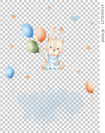 Watercolor greeting card template. Cute bunny in blue overalls with air multicolored balloons. Decor made of golden stars. Baby Shower. 127030414