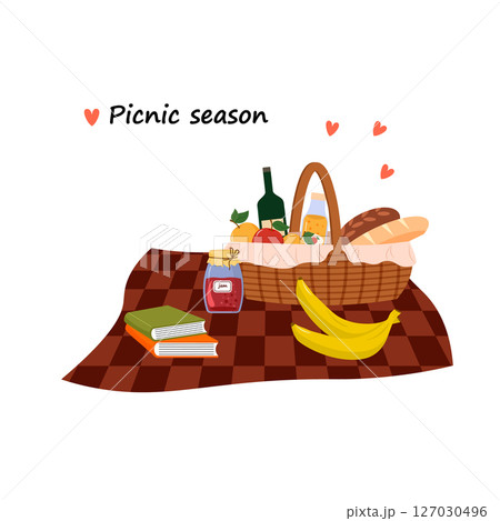 Summertime, picnic in nature. Picnic blanket. Basket and bottle of wine. Fruit and bread. Jam and books. Relaxing on the weekend. Summertime, picnic in nature. Picnic blanket. Basket and bottle of wine. Fruit and bread. Jam and books. Relaxing on the weekend. 127030496