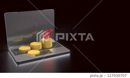 The Gold coins and red target on laptop for Business concept 3d Rendering. 127030707