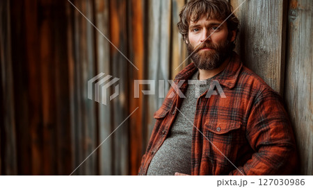 A pregnant bearded man in a red plaid shirt leans against a wooden wall. Concept of rustic lifestyle and casual style. 127030986