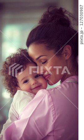 Mother gently embraces smiling baby indoors. Concept of love, warmth, family, affection, togetherness. 127030987