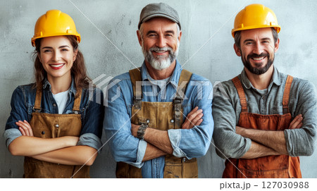 Three construction workers stand side by side, smiling confidently with arms crossed. Concept of teamwork, construction, and confidence in a professional setting. 127030988