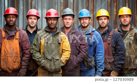Seven construction workers wearing colorful helmets and dirty overalls stand in front of a metal wall. Concept of teamwork, industry, and diversity. 127030989