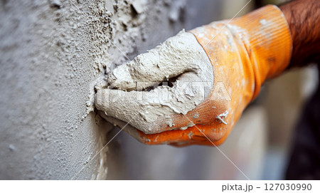 An orange-gloved hand is applying plaster to a rough wall. Concept of construction and renovation work. 127030990