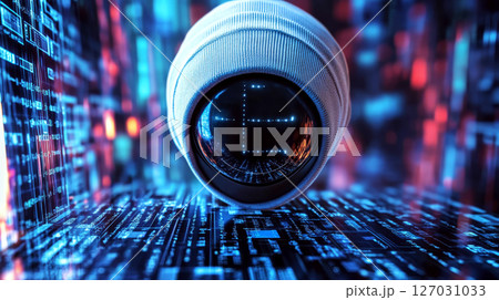 A large camera lens positioned on a digital circuit board with colorful lights. Concept of technology and optics innovation. 127031033