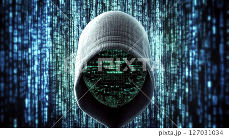 A hooded figure with a digital face stands against a backdrop of cascading binary code. Concept of cybersecurity and anonymity. A hooded figure with a digital face stands against a backdrop of cascading binary code. Concept of cybersecurity and anonymity. 127031034