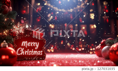 A festive scene with red decorations, snowflakes, and a sign reading "Merry Christmas". Concept of holiday celebration, warmth, and joy. 127031035