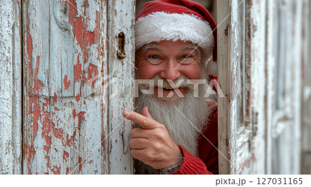 Santa peeks through a rustic, weathered door, smiling warmly and pointing. Concept of holiday, joy, and surprise. 127031165
