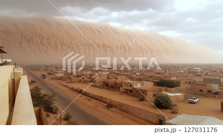 A massive sandstorm approaches a desert town with few vehicles and scattered buildings. Concept of natural phenomenon and desert weather. 127031176