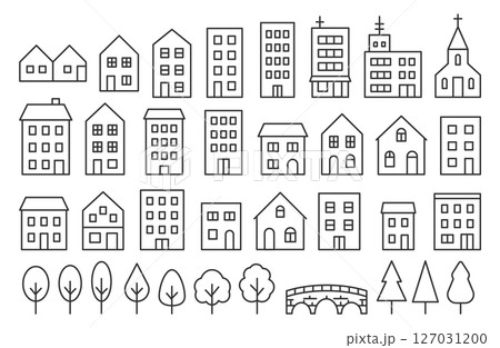 シンプルな街並み　線画　建物　セット 127031200