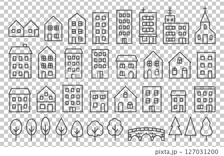 Simple cityscape line drawing building set 127031200