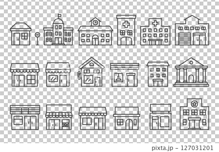 シンプルな街並み　線画　建物　セット 127031201