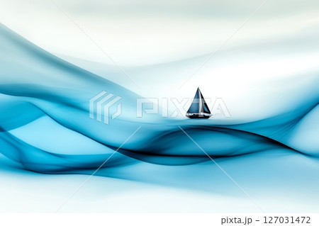 Sailboat navigating serene blue waves with soft flowing textures and tranquil atmosphere Sailboat navigating serene blue waves with soft flowing textures and tranquil atmosphere 127031472