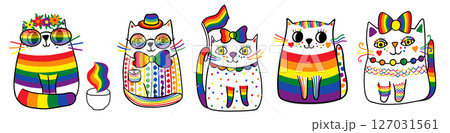 Cute hand drawn vector cat set in rainbow LGBT pride flag colors, cartoon doodle kitty animal illustration Cute hand drawn vector cat set in rainbow LGBT pride flag colors, cartoon doodle kitty animal illustration 127031561