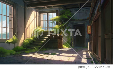 ゲーム背景　ファンタジー世界の自然と共存している学校室内 127033086