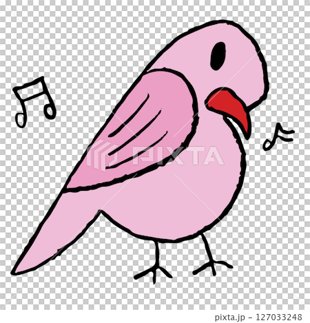 Hand drawn crayon illustrations of pink bird and music melody for animal, zoo, souvenir shop, cartoon character, comic, mascot, sticker, kid doll, trip, travel, vacation, good morning, nature, garden 127033248