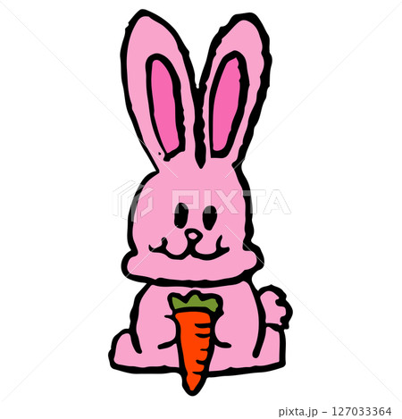 Hand drawn crayon illustrations of pink bunny eating carrot for cartoon characters, comic, mascot, cute patch, rabbit drawing, animal, pet shop, vet, sticker, happy easter, zoo, souvenir shop, logo 127033364