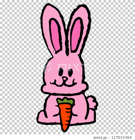 Hand drawn crayon illustrations of pink bunny eating carrot for cartoon characters, comic, mascot, cute patch, rabbit drawing, animal, pet shop, vet, sticker, happy easter, zoo, souvenir shop, logo 127033364