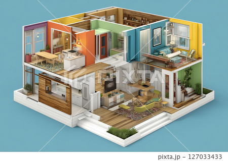 おしゃれな家の間取り図3Dイラスト。リビングやキッチンが見える住宅模型 127033433